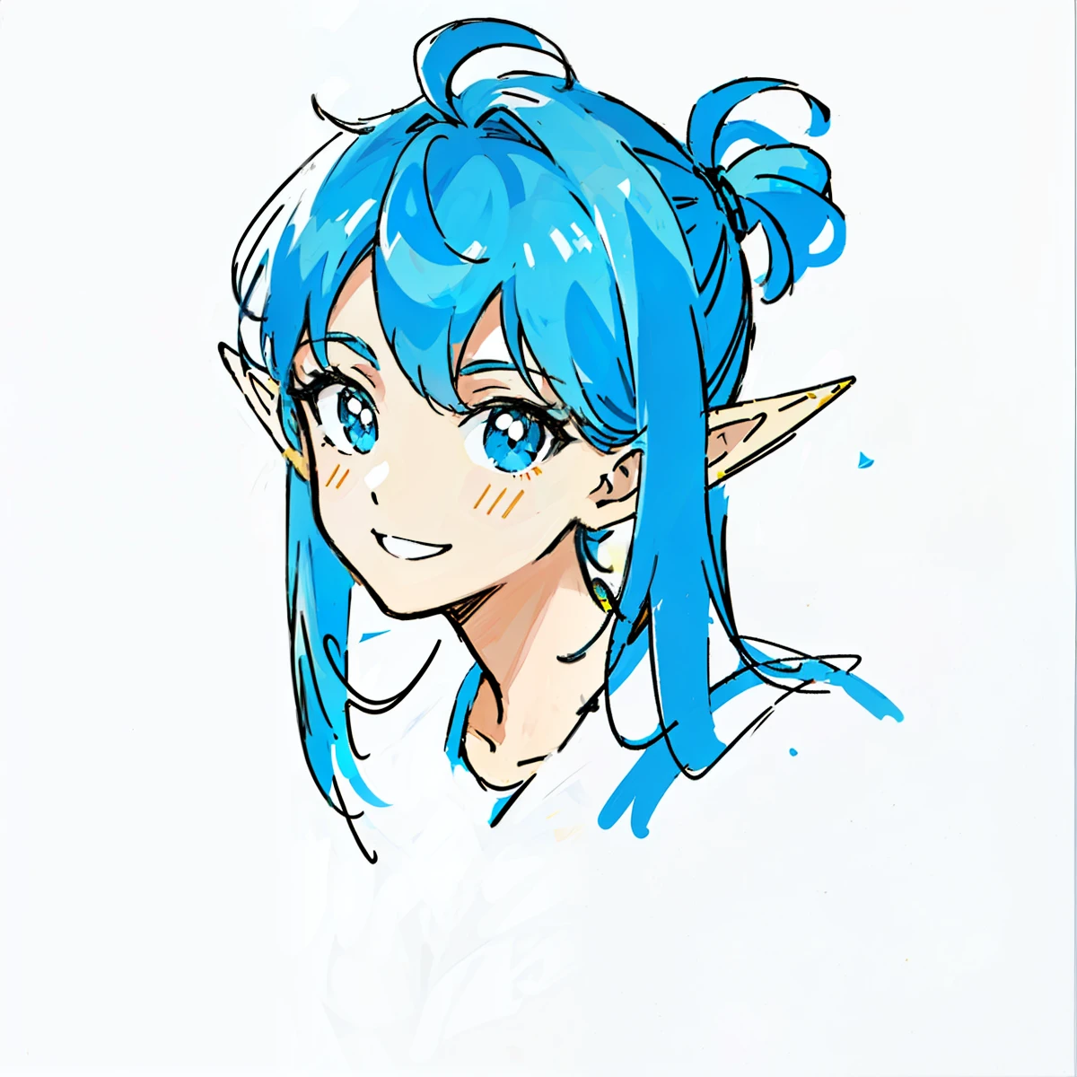 Close-up of a cartoon long-haired boy with blue hair, 2D anime style, 2D art, 2D illustration, blue elf, drawing tool race!! Helia, Link from The Legend of Zelda, a boy with long blue hair, blue pupils, purple dull hair, smile, Link.