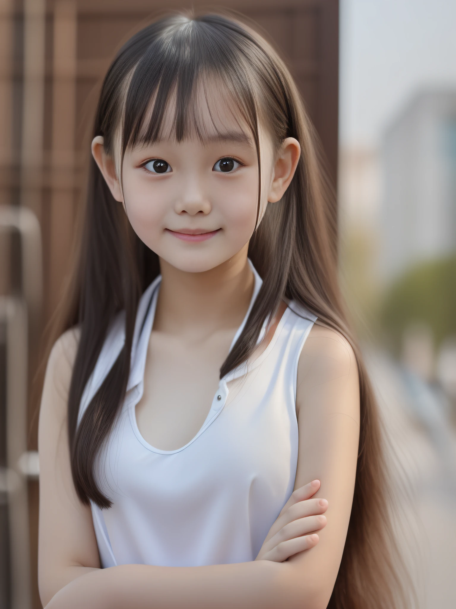 Masterpiece, Original Quality, Top Quality, Best Image Quality, Exaggerated Detail, Clear Face, Professional Lighting, Lovely 12-Year-Old Asian Girl With Shy Expression, Beautifully Detailed Eyes, Bloated Cheeks, (Long Hair, Sleeveless Top) Outdoor, Pose In Front of Camera, (Emphasis on Chest), A little smile, a child-looking body, a melting backdrop