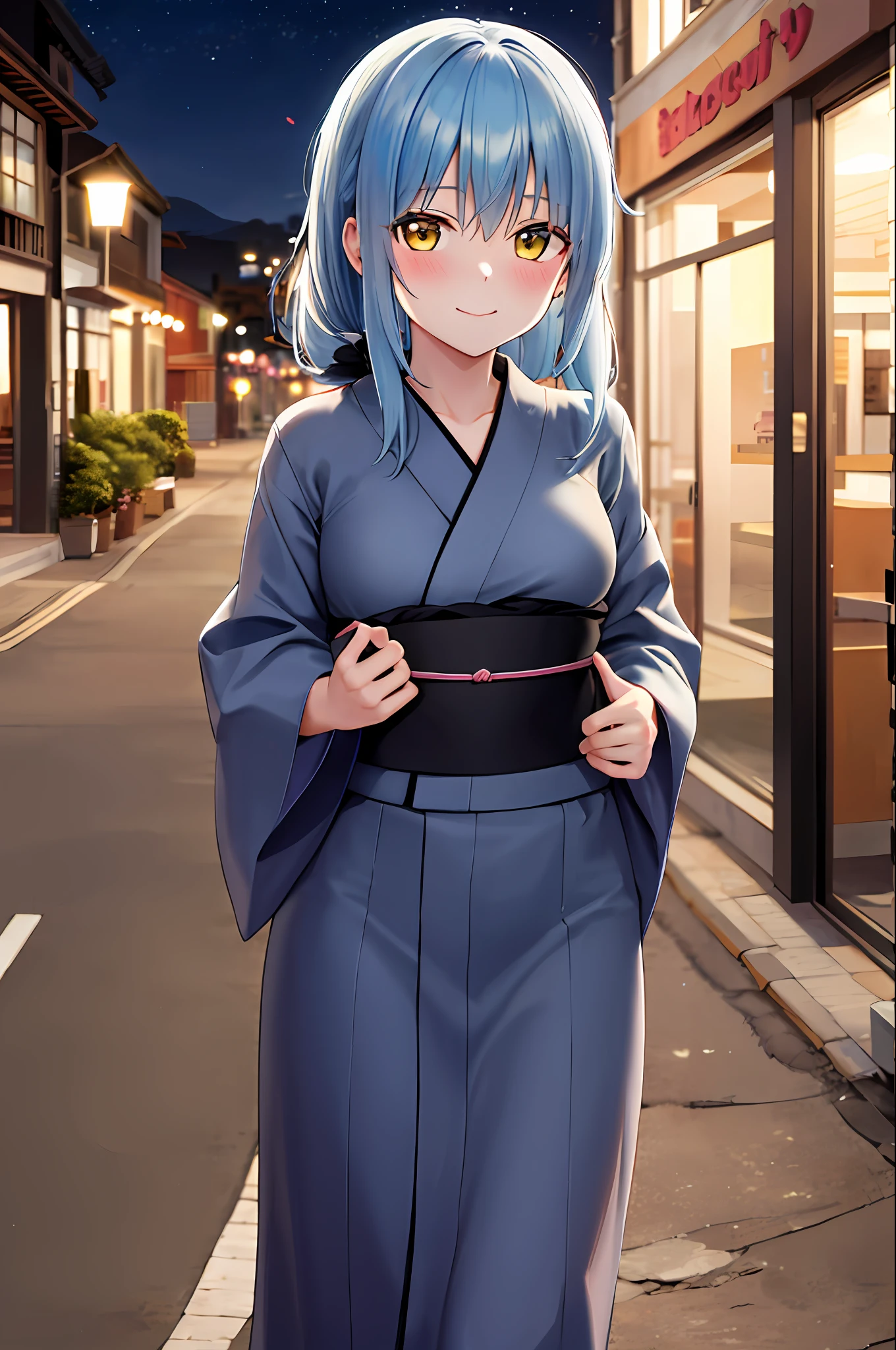 masterpiece, best quality, highres, rimuru tempest, blue hair, long hair, medium breasts, black flower yukata, black yukata, cleveage, breast out, cowboy shot, standing, looking at viewer, city road, outdoor, modern city road, blush, shy, smile, closed mouth, night, sakura tree,