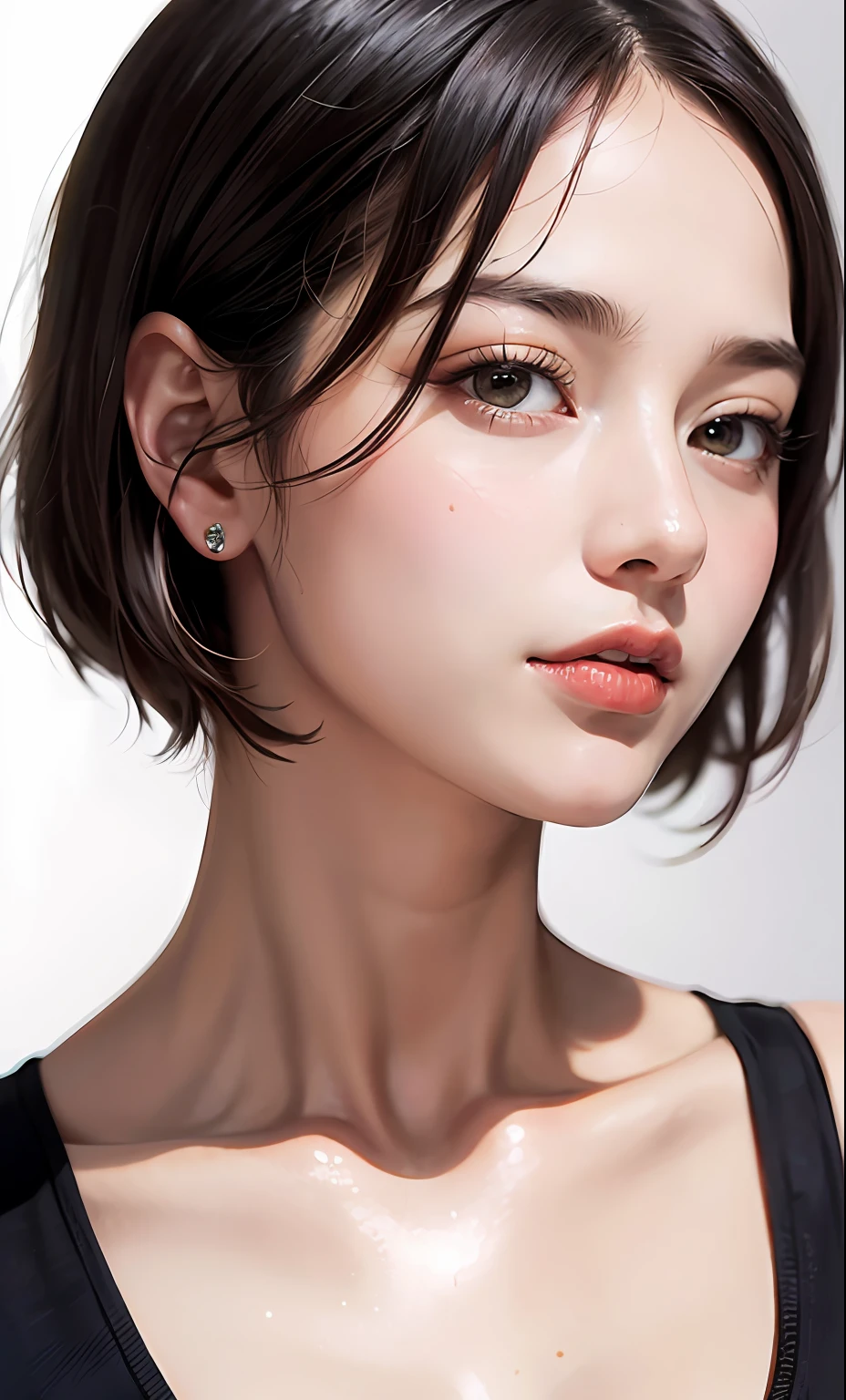 A close up of a woman with a black top and earrings - SeaArt AI