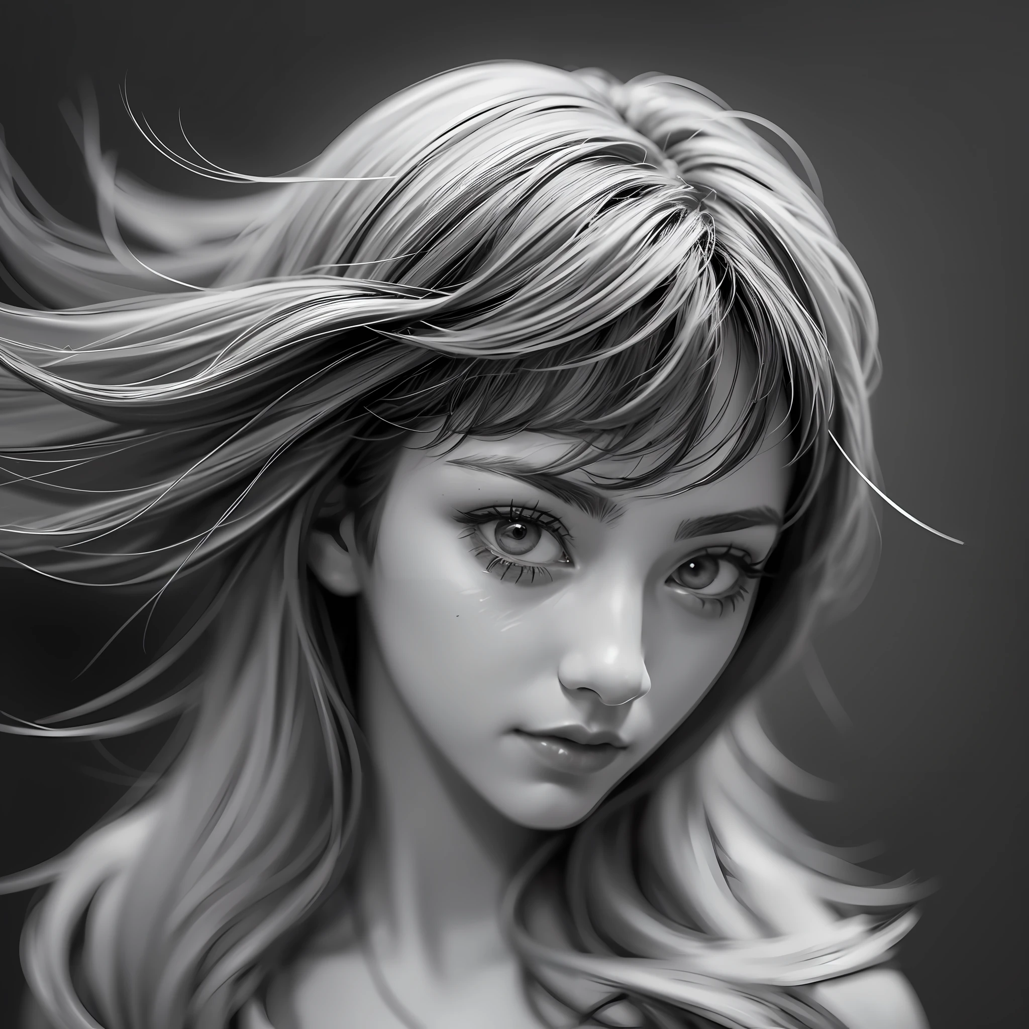 Dessine une illustration d&#39;une belle fille. Elle a un look chic et sophistiqué avec l&#39;effet des tons monochromes, et le flou de mise au point l&#39;enveloppe doucement. Dessiné dans une composition de prise de vue aérienne, le dessin au pixel près et la détection des contours garantissent que chaque détail est clairement présenté. Les effets de contraste et de teinte élevés créent un charme unique dans le monde monochrome..