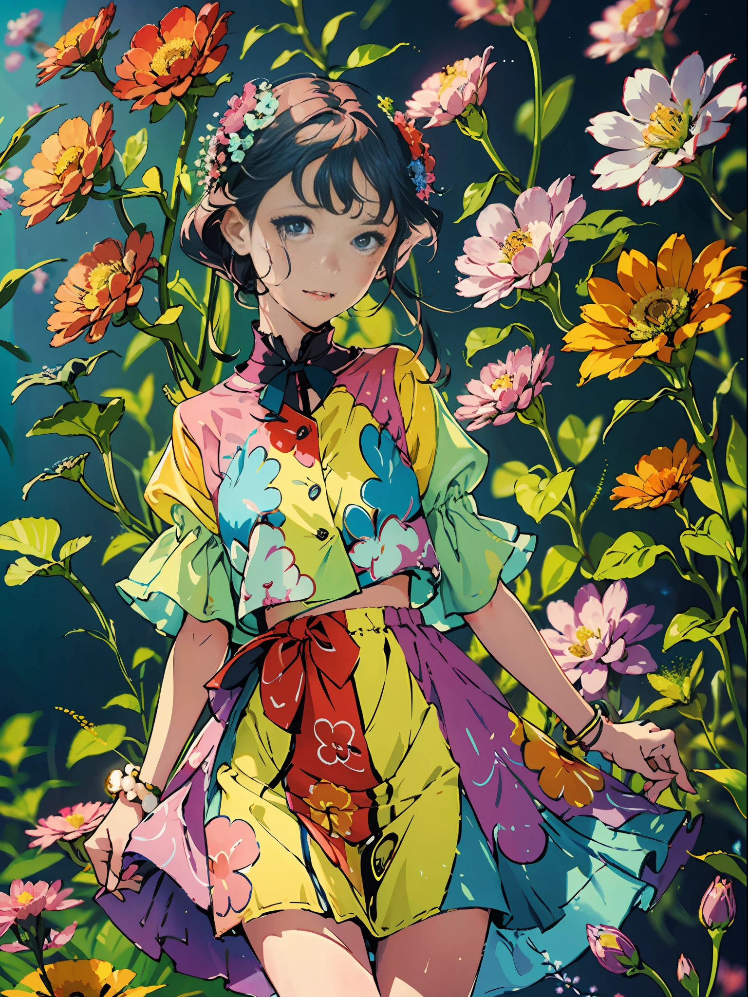 A girl dressed in a vibrant and colorful outfit, wearing a pleated skirt that sways with every step she takes. The artwork showcases her joyful and playful personality as she stands amidst a colorful array of blooming flowers. Her outfit features a mix of bright and cheerful hues, reflecting her vibrant spirit. The pleated skirt adds a touch of elegance and movement to her ensemble, creating a sense of whimsy. The scene is adorned with an abundance of flowers, filling the air with their sweet fragrance and vibrant colors. The combination of the girl's colorful attire and the surrounding blooms creates a visually captivating and cheerful image.