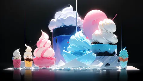 Masterpiece, Best Quality, Film Stills, No Characters, Sapphire Blue and Pink as Main Colors, Clouds, Bright, Dreamy, Soft Lighting, Candy, Dessert, Ice Cream, Hazy (Bauhaus, Shapes, Lines, Abstract: 1.1)