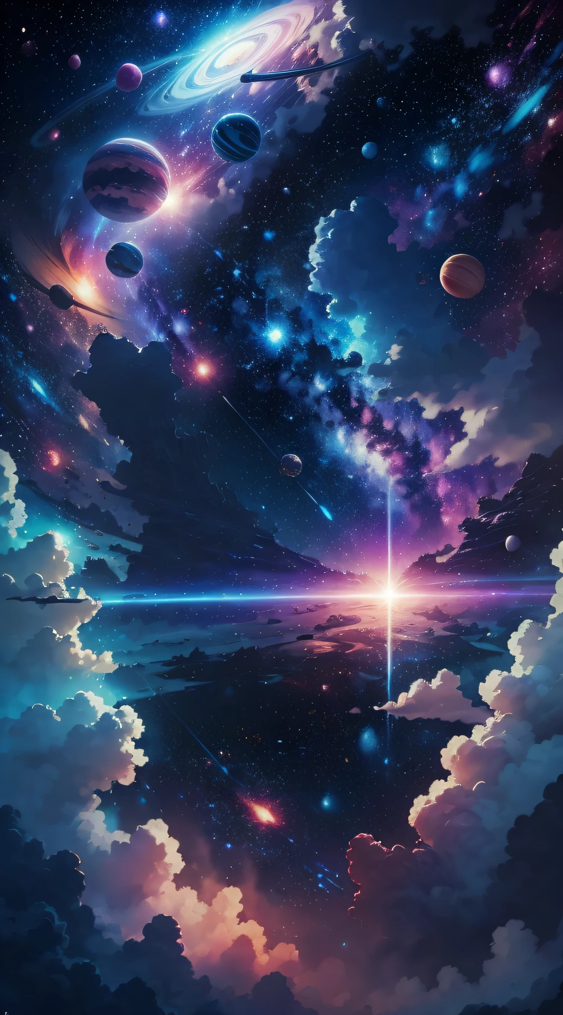 Weltraum mit allen Planeten in Blau und Rosa mit einem Hintergrund aus hellen weißen Sternen im Stil von Miyazaki, —Luft 21:9, Qualität 4K