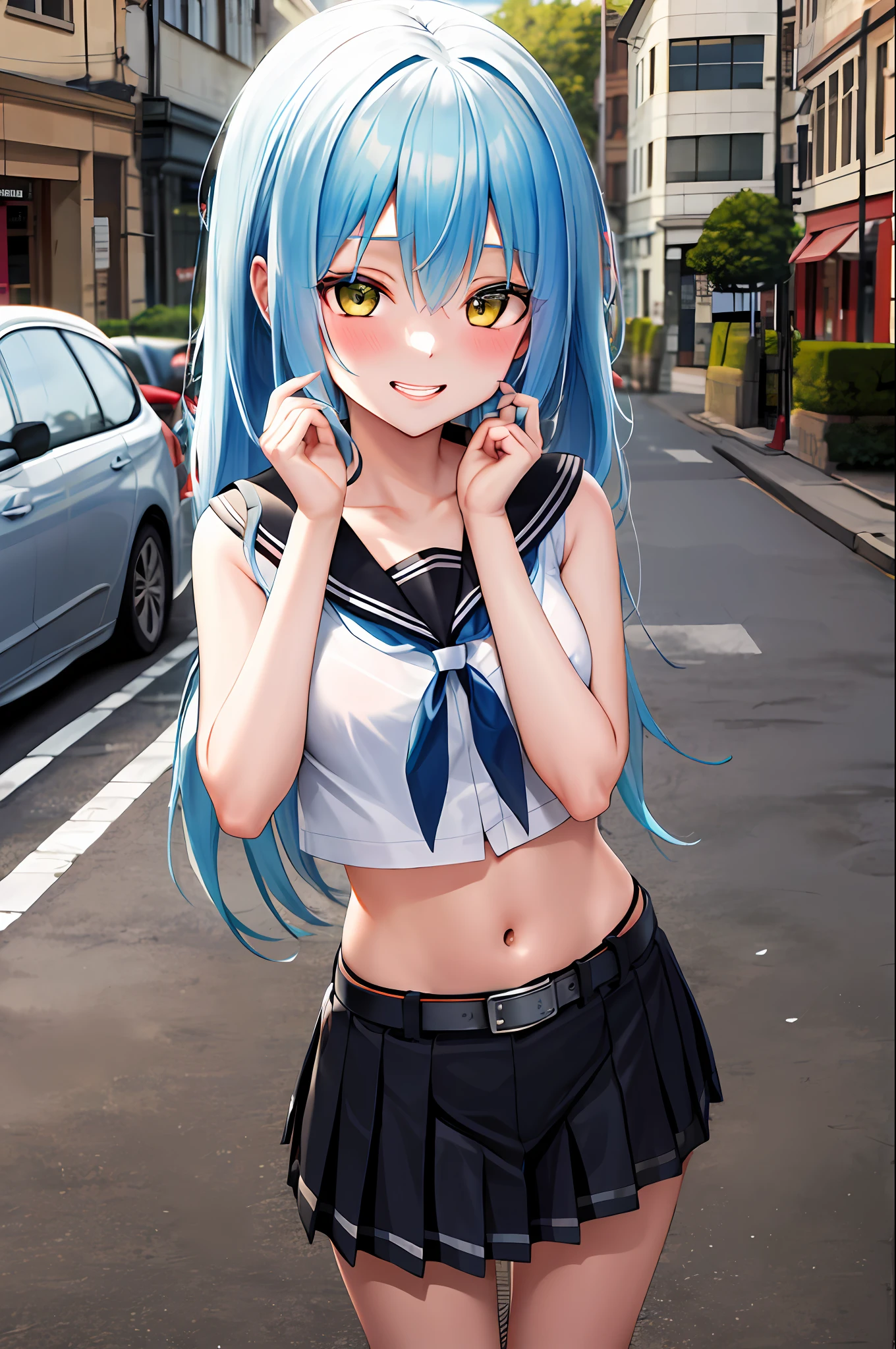 masterpiece, best quality, highres, rimuru tempest, blue hair, long hair, medium breasts, black sailor uniform, stocking, cleveage, show stomach, belt, black pleated skirt, cowboy shot, standing, looking at viewer, city road, outdoor, modern city road, blush, shy, smile, show teeth, sexy pose,