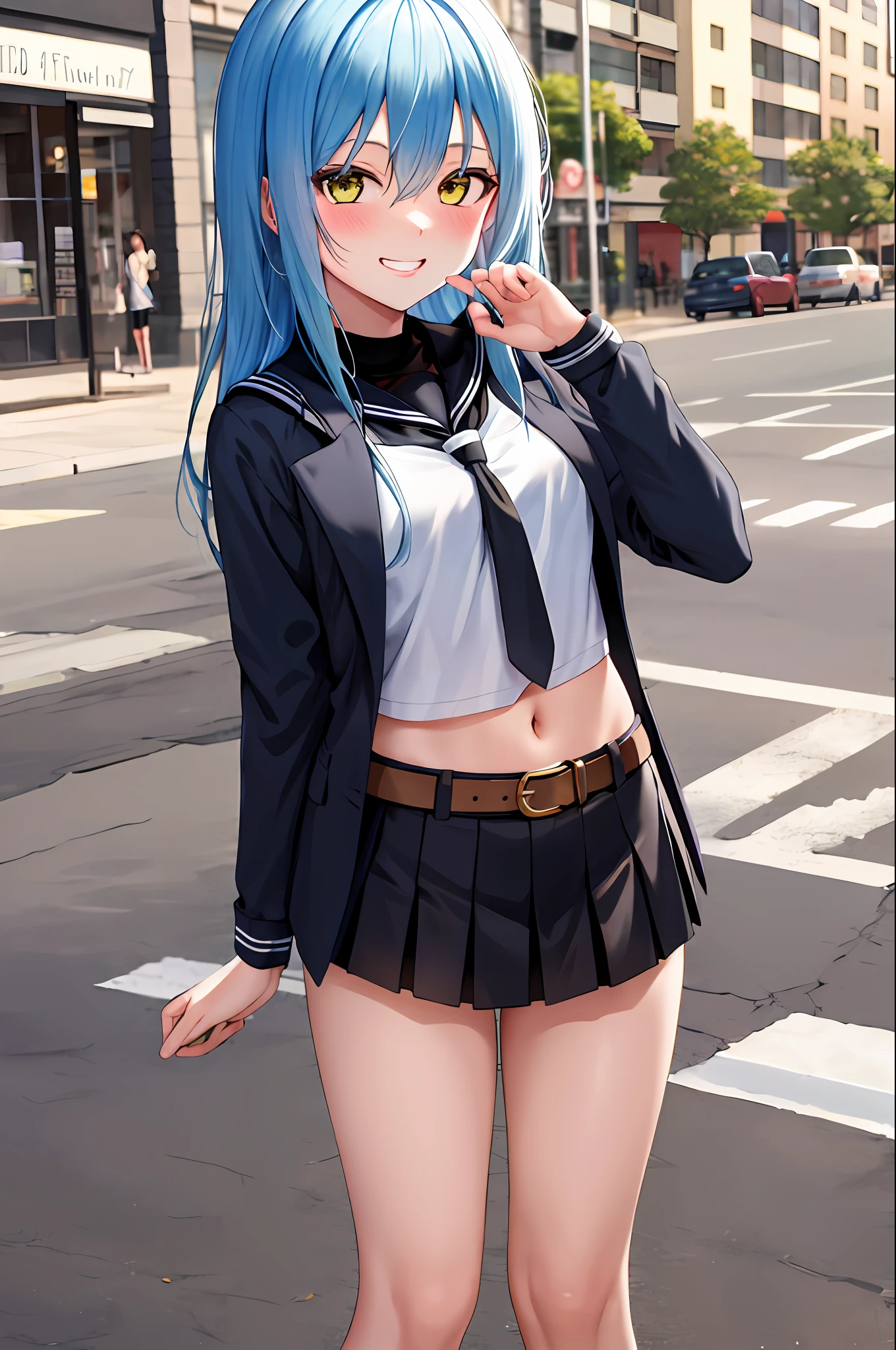 masterpiece, best quality, highres, rimuru tempest, blue hair, long hair, medium breasts, black sailor uniform, stocking, cleveage, show stomach, belt, black pleated skirt, cowboy shot, standing, looking at viewer, city road, outdoor, modern city road, blush, shy, smile, show teeth, sexy pose,