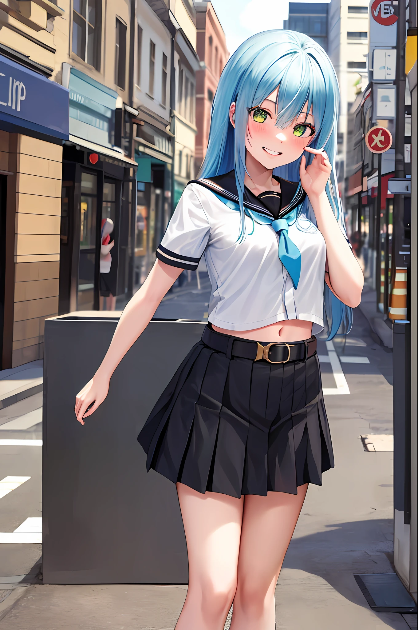 masterpiece, best quality, highres, rimuru tempest, blue hair, long hair, medium breasts, black sailor uniform, stocking, cleveage, show stomach, belt, black pleated skirt, cowboy shot, standing, looking at viewer, city road, outdoor, modern city road, blush, shy, smile, show teeth, sexy pose,