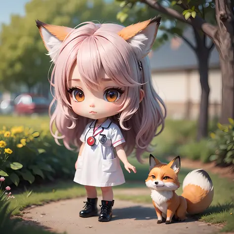 Chibi character, fox girl wearing nurse clothes, supremely precise