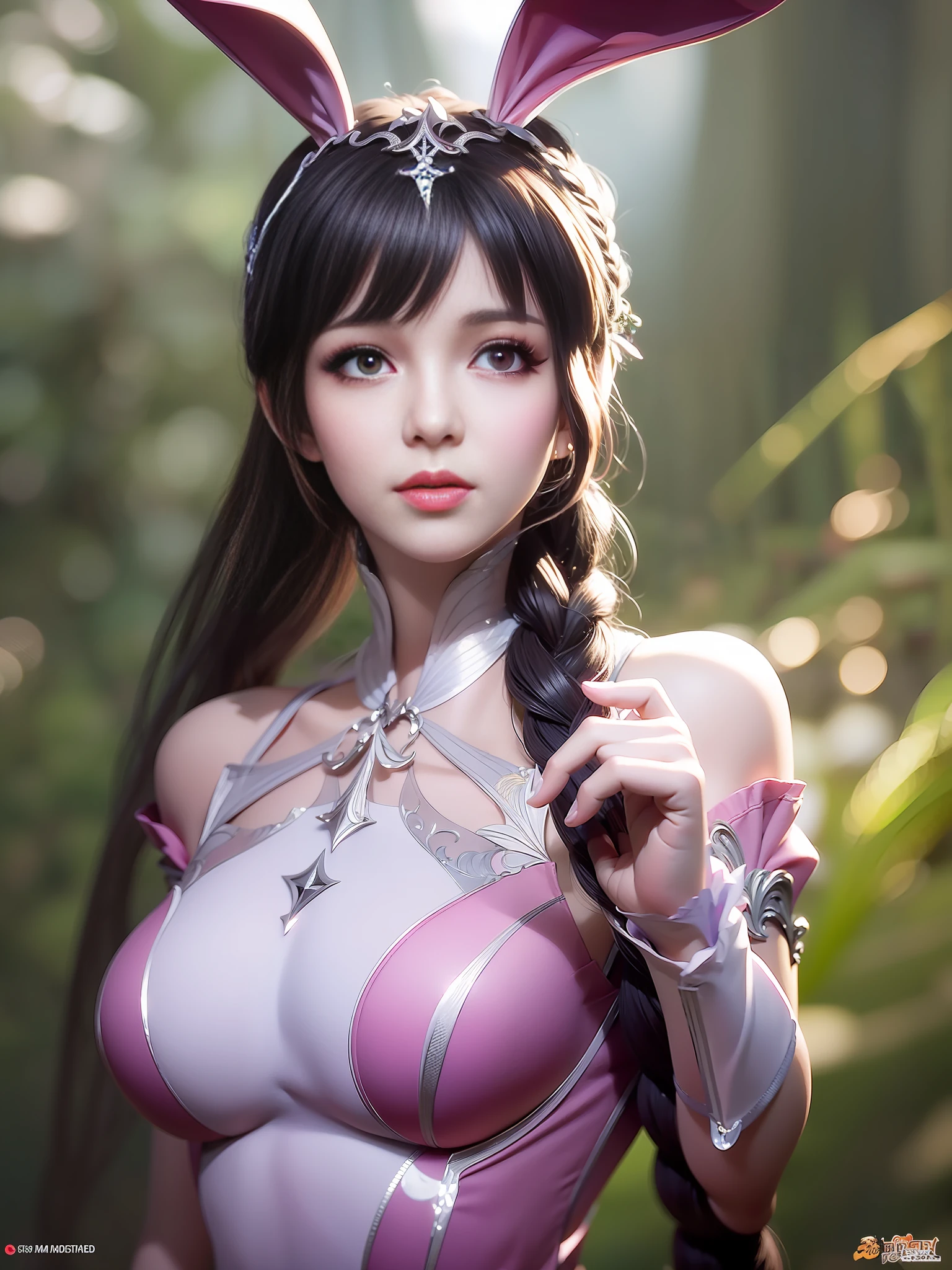 (1girl:1.3), Solo, __body-parts__, Official Art, Unity 8k Wallpaper, Ultra Detailed, Beautiful and Aesthetic, Masterpiece, Best Quality, RAW, Super Fine Photo, Best Quality, Ultra High Resolution, Photorealistic Photorealism, Sunlight, Full Body Portrait, Amazing Beauty, Delicate Face, Vibrant Eyes, (From the Front), Detailed Face, Gorgeous, Highly Detailed Skin, Realistic Skin Details, Visible Pores, Sharp Focus, Volume Fog, 8K uhd, DSLR, high quality, film grain, fair skin, photo realism, brunette hair, brunette hair, breasts, open eyes, split sleeves, skinny, transparent, pink, dress, transparent panties, pink, twisted braid, long braid, jewelry, gold accessories, gorgeous accessories, complex, delicate lips, long hair, medium breasts, outdoor, closed lips, petals, peach blossoms, rabbit ears, pink rabbit ears, standing, dynamic pose, upper body