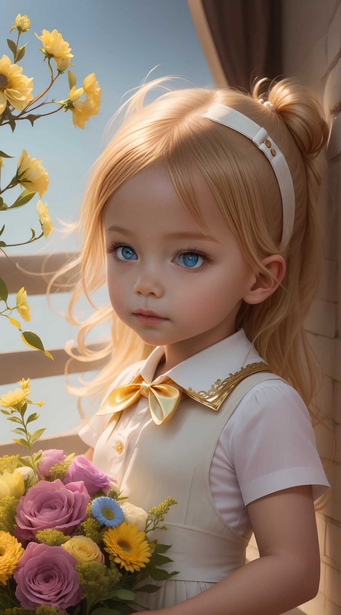 4K HD, gold with white collar clothes, little girl, front photo, phone holding a bouquet of flowers (beautiful eyes)