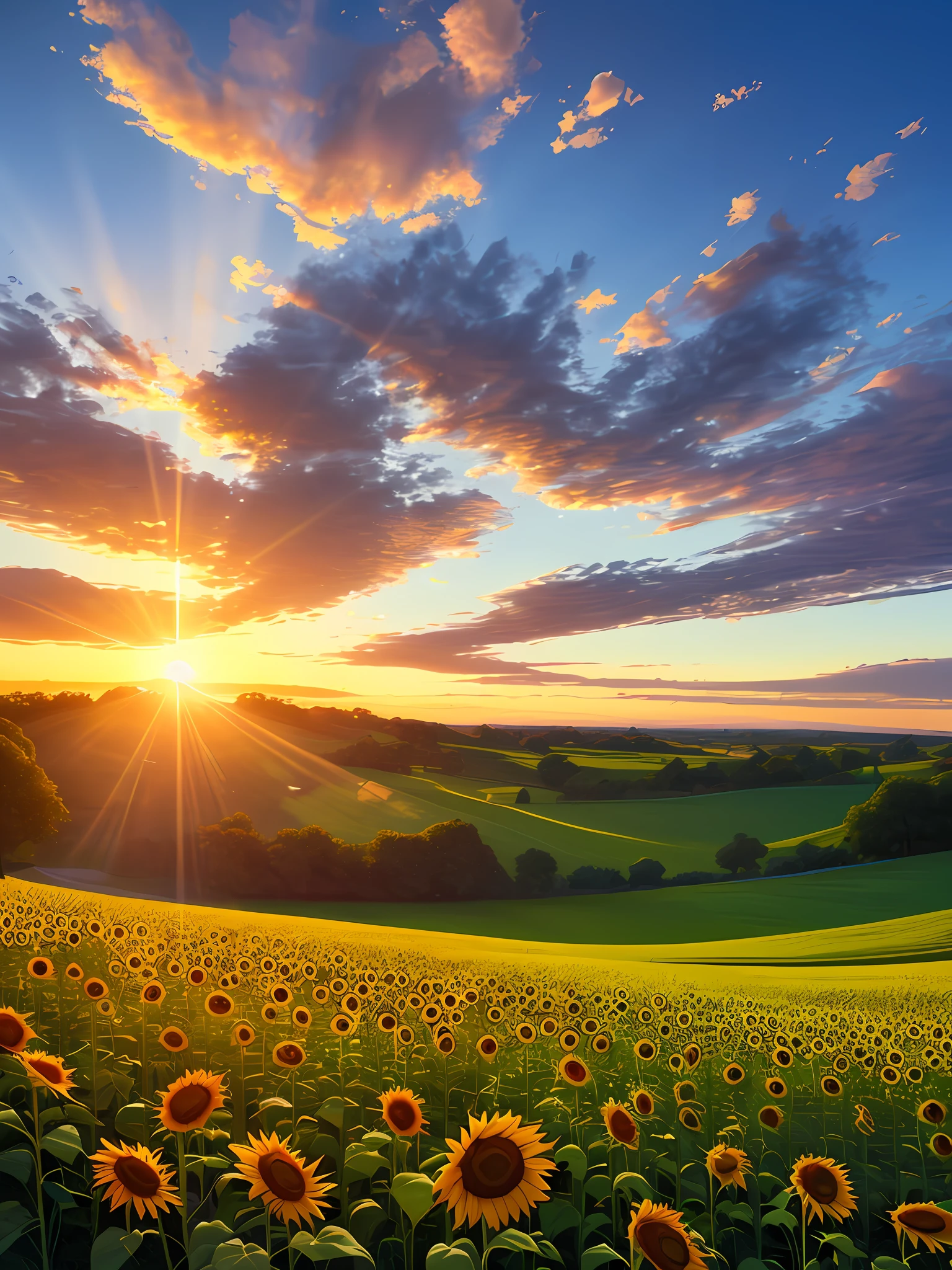 Beautiful sunny sunset, at the meadow, fluffy clouds, green trees, a lot of flowers, pixar style, green grass, sunrays, sunflowers