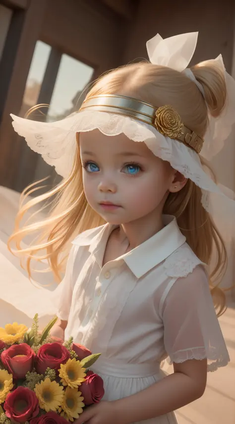 4K HD, gold with white collar clothes, little girl, front photo, phone holding a bouquet of flowers (beautiful eyes)