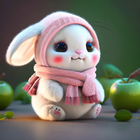 : 3。 Rabbit, realistic, furry animal, apple, dark circles, blush, cherry, food, fruit, full body, scarf, non-human, strawberry, ...