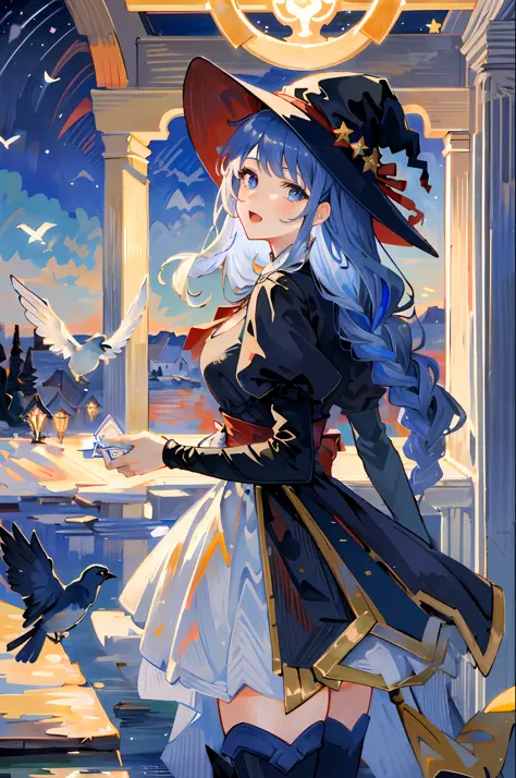 ((masterpiece:1.2, best quality)), 1girl, solo, (witch hat), rambut ungu, long hair, dress, aurora, night, star (sky), gloves, s...