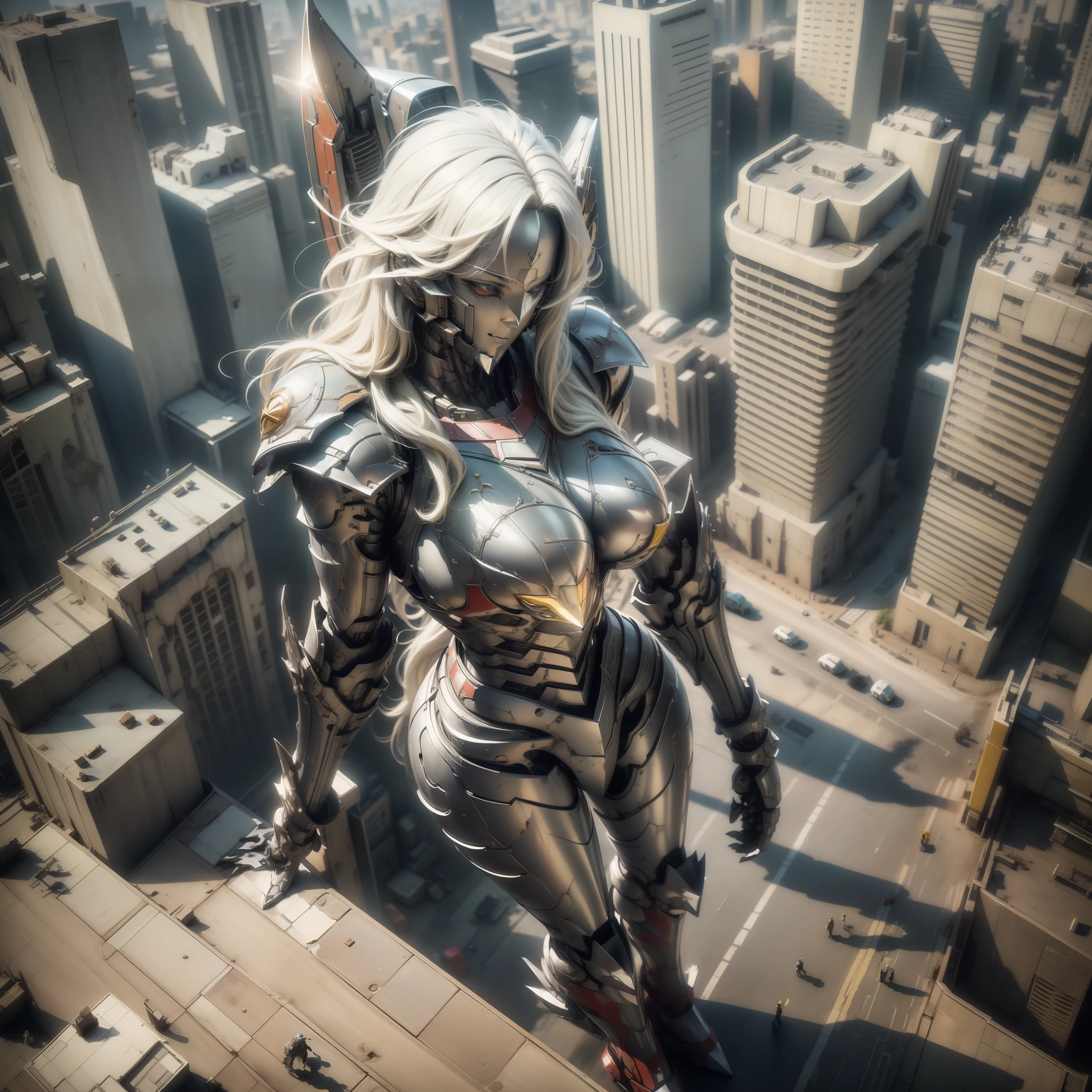(Masterpiece, Superb Quality, Super Delicate, High Resolution), Male Focus, (((Mecha))), (((Mechanized))), (Body Details), (She Has Long White Hair, Big Breasts, Slim), (Standing Pose), Posing for Photos, Top-Down View, City Ruins, Background Details, (((Full Body)), From Above, Solo