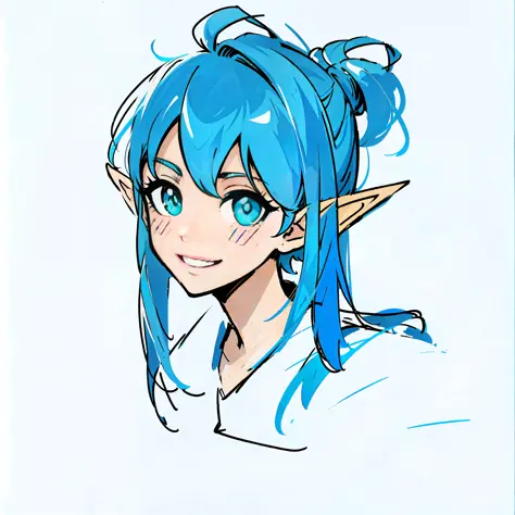 Close-up of a cartoon long-haired boy with blue hair, 2D anime style, 2D art, 2D illustration, blue elf, drawing tool race!! Helia, Link from the Legend of Zelda, a boy with long blue hair, blue pupils, purple dull hair!!! , smile, Link.