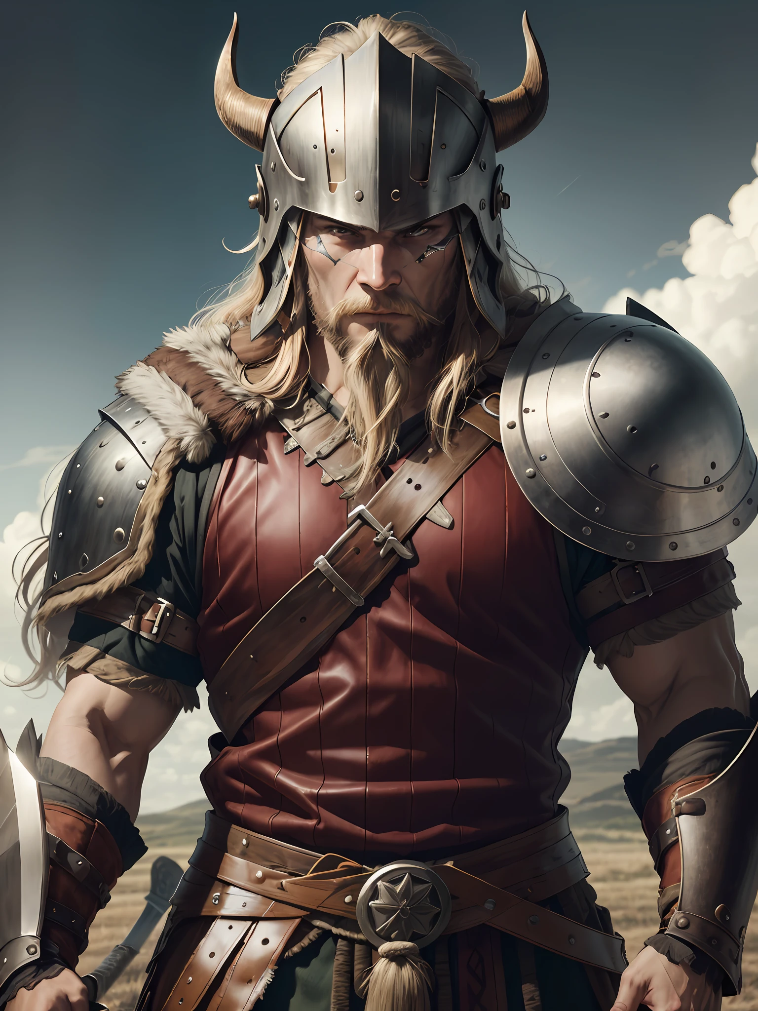 1 Warrior man ((Viking))on the battlefield, wearing Viking armor, (( Detailed helmet)))the detailed face,(sword in hand )drop shadow, halftone, vanishing point, diffraction peaks, f/1.8, Nikon, high detail, UHD, masterpiece, best quality, highres, 16k