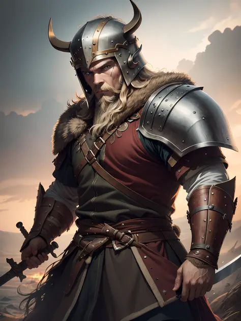 1 Warrior man ((Viking))on the battlefield, wearing Viking armor, (( Detailed helmet)))the detailed face,(sword in hand )drop sh...