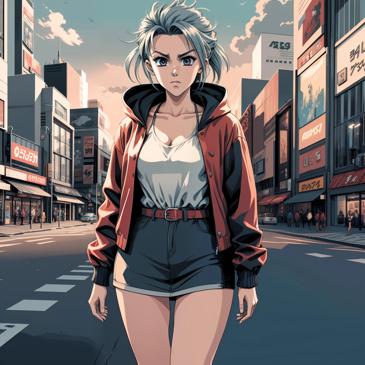 eine knallhart aussehende Anime-Frau in einer roten Jacke, die den Sonnenuntergang an einem Zebrastreifen mitten in Shibuya beobachtet, 3 0 4 0 x 1 4 4 0 pixel art, 3 0 4 0 x 1 4 4 0, 32-bit pixel art, pixelige Kunst, colorful detaillierte Pixelkunst, sorgfältig detaillierte Anime-Pixelkunst, ursprünglich detaillierte Anime-Pixelkunst, detaillierte Pixelkunst, PC-98 Pixelkunst, pixel art anime cyberpunk style, 1 6-Bit-Farben