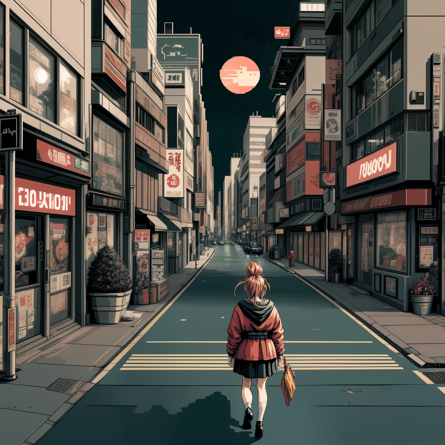 an tough looking anime woman in a red jacket watching the sunset near a crosswalk in the middle of shibuya, 3 0 4 0 x 1 4 4 0 pixel art, 3 0 4 0 x 1 4 4 0, 32-bit pixel art, pixelated art, colorful detailed pixel art, carefully detailed anime pixel art, originally detailed anime pixel art, detailed pixel art, pc-98 pixelart, pixel art anime cyberpunk style, 1 6 bit colors