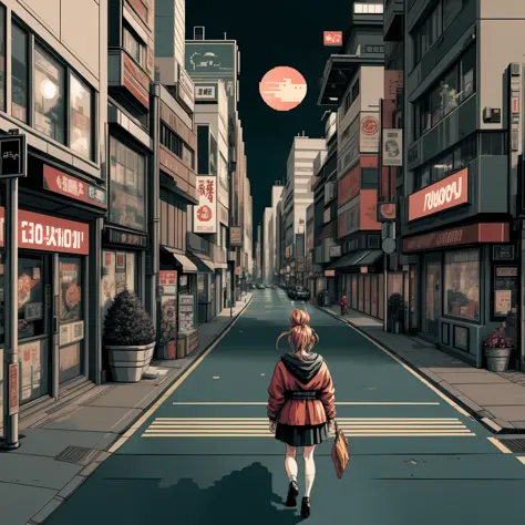 an tough looking anime woman in a red jacket watching the sunset near a crosswalk in the middle of shibuya, 3 0 4 0 x 1 4 4 0 pi...