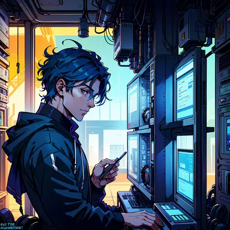 a man with blue hair looks at the transparent system interface task --auto