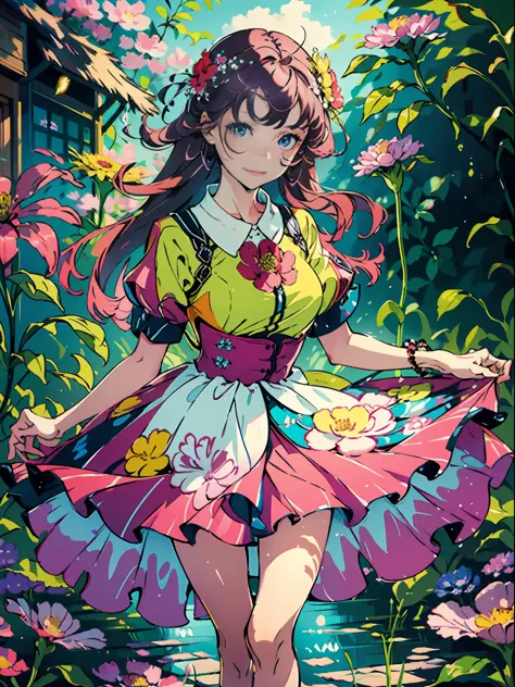 a girl dressed in a vibrant and colorful outfit, wearing a pleated skirt that sways with every step she takes. the artwork showc...