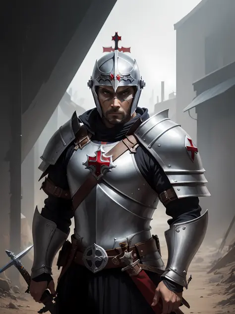 1 Warrior man ((Knight Templar ))on the battlefield, wearing original armor, (( Detailed helmet)))the detailed face,(sword in ha...