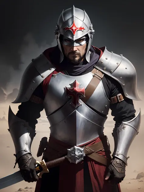 1 Warrior man ((Knight Templar ))on the battlefield, wearing original armor, (( Detailed helmet)))the detailed face,(sword in ha...