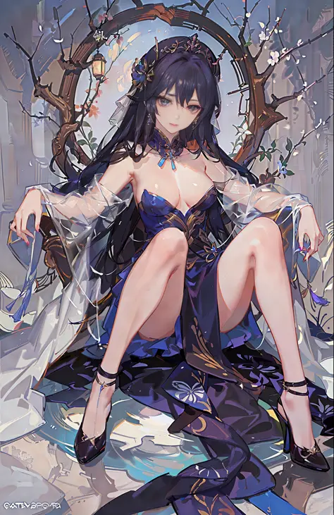 Sexy seductive lady, 30 years old, peach blossom eyes, smoky makeup, silk high-forked hanfu, stiletto heels, (bare legs), provocative expression, sitting on a throne, striped hair, black hair, moles under the eyes, makeup, anime style, seductive smile, kin...