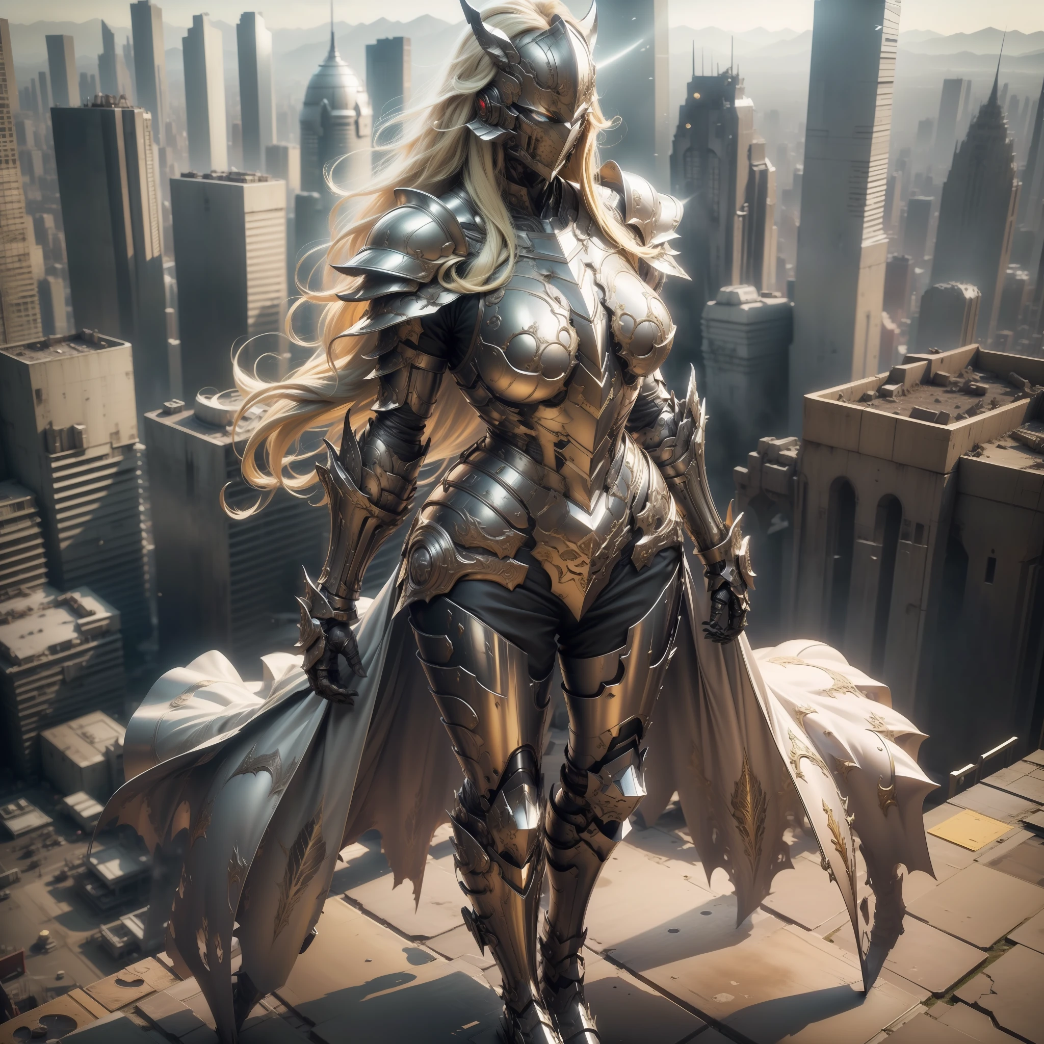 (Masterpiece, Superb Quality, Super Detailed, High Resolution), Male Focus, ((Armor Dress))), (Cloak), (((Mechanized))), (Body Details), (She Has Long Blonde Hair, Big Breasts, Slim), (Standing Pose), Pose for Photo, Top View, City Ruins, Background Details, (((Full Body))), From Above, Solo, (Sense of Greatness)
