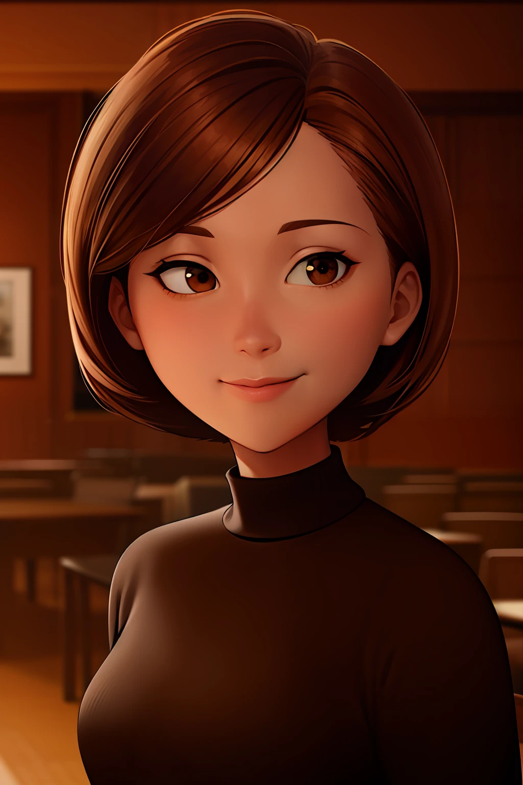 helen parr, masterpiece, best quality, solo, brown hair, brown eyes, turtleneck, sweater, smile, short hair, turtleneck sweater, black sweater, 1girl, upper body, closed mouth, indoors, portrait, black sweater,