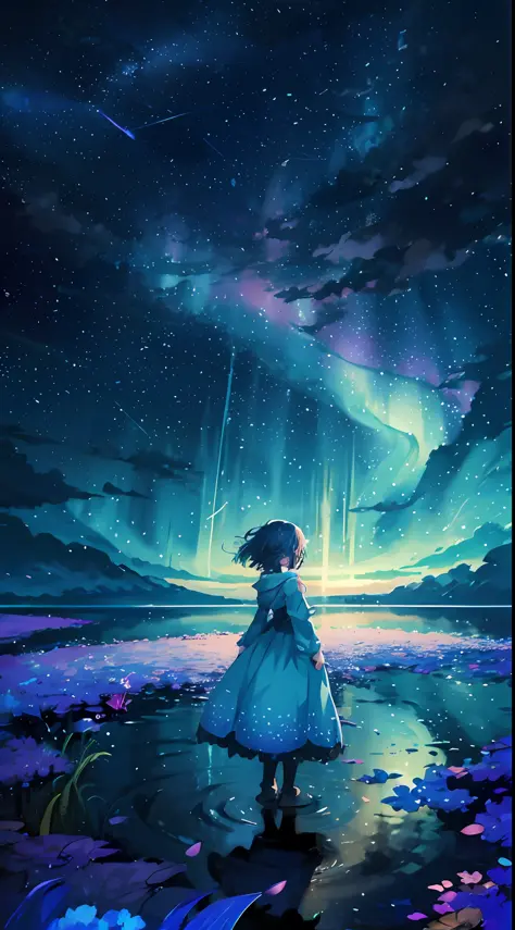 Girl looking at aurora in the sky, Makoto Shinkai Cyril Rolando, girl with long black hair, endless universe in background, anim...