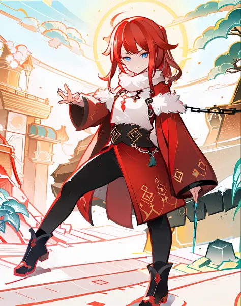 ((((red hair))), ((stands)), ((evil smile)), ((dynamic pose)), ((magician)), (evil), ((chains)), ((fur skirt)), ((white shirt)),...