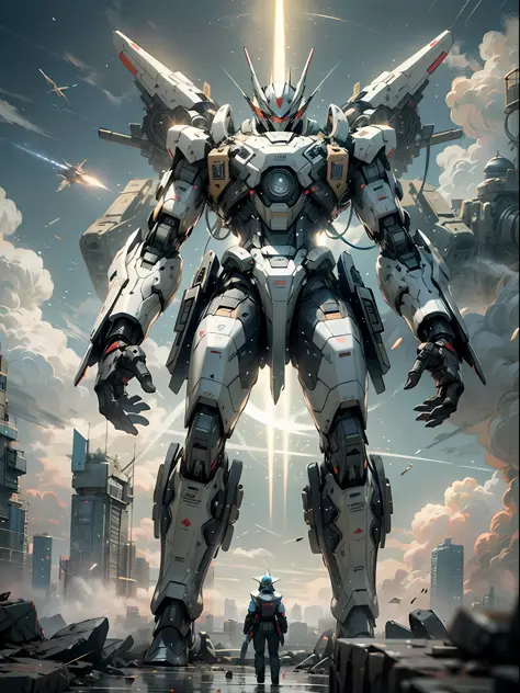 ((Best Quality)), ((Masterpiece)), (Very detailed: 1.3), 8K, cool painting, full of sci-fi, black assassin with two knives, Behind stands a huge black mech, streamlined black armor, black all over, complex weapons and equipment, Gundam humanoid mech, anime...