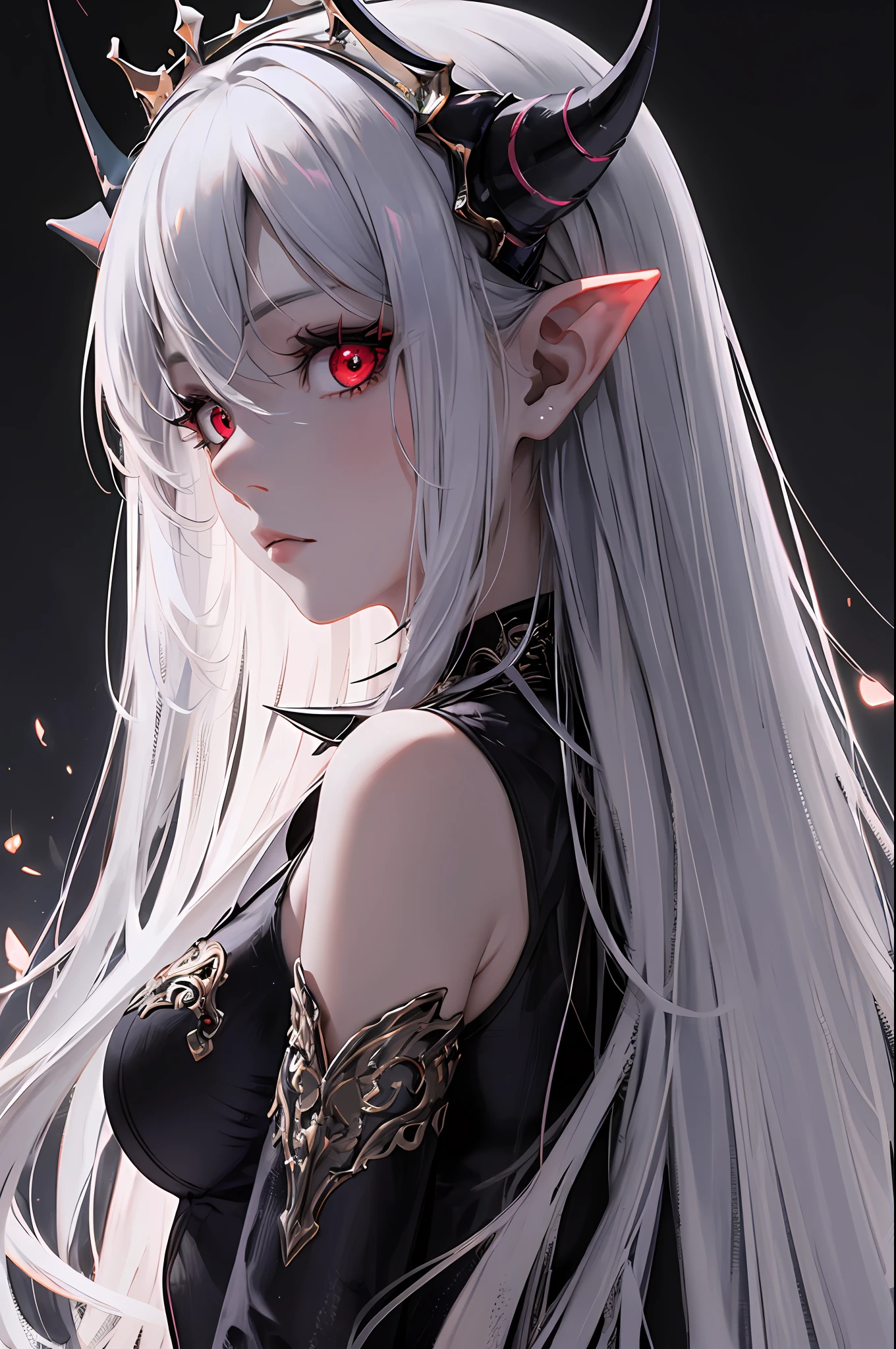 masterpiece, best quality, super detailed, absurd, colorful, 1 girl, solo, (pure red eyes:1.0), (gray hair, long hair, straight hair, monocular hair:1.0), fine eyes, big eyes, eyelashes, (upper body:0.8), monster girl, side view, glowing eyes, tilted head, night, black suit, pointed ears, horror, darkness, black background, looking at the audience, crown, high contrast, backlight, (standing: 0.8), halo, fractal background, chaos, spiral, demon horn, Energy, hell