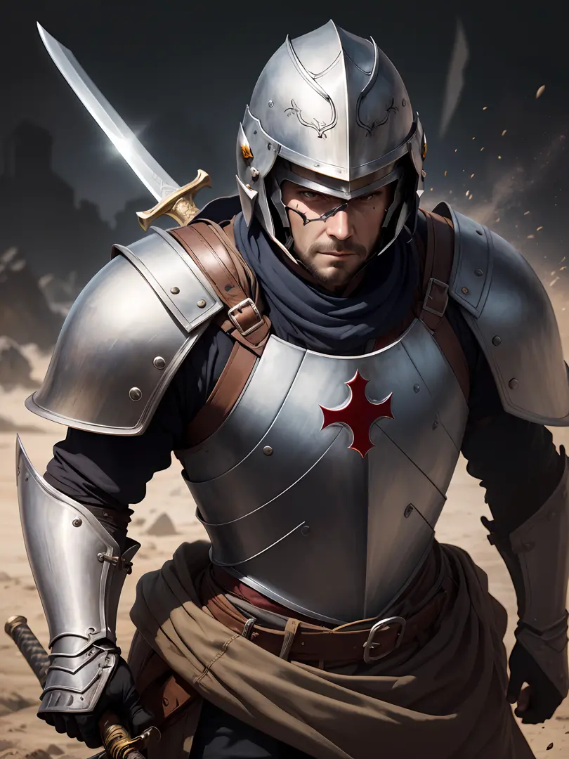 PORTRAIT knight templar warrior on the battlefield, wearing armor (( helmet Detailed)))the detailed face,(sword in hand )shield)...
