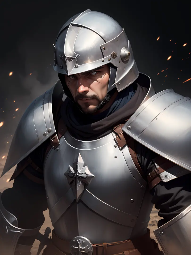 portrait knight templar warrior on the battlefield, wearing armor (( helmet detailed)))the detailed face,(sword in hand )shield)...