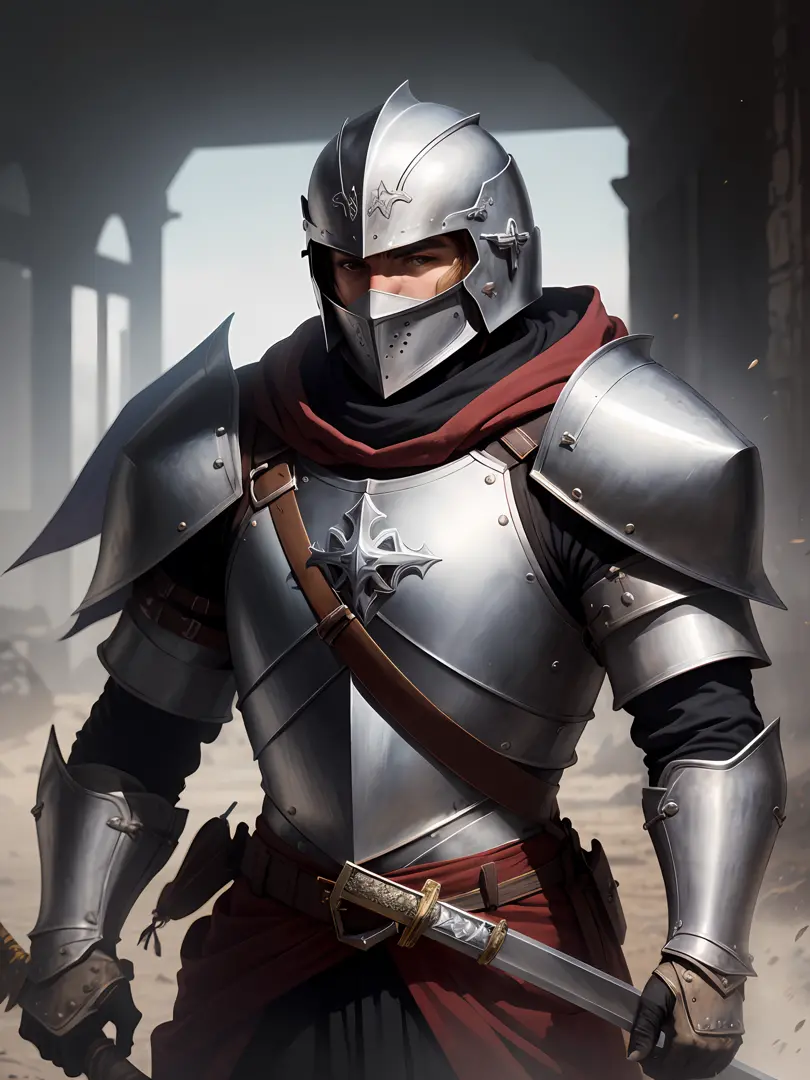 portrait knight templar warrior on the battlefield, wearing armor (( helmet detailed)))the detailed face,(sword in hand )shield)...