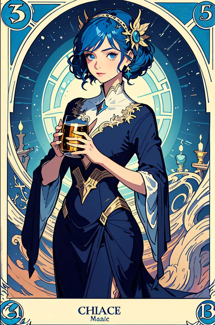 Young girl holding star chalice, glowing, magic, blue hair, molten, art nouveau style, best quality, detailed, tarot card,