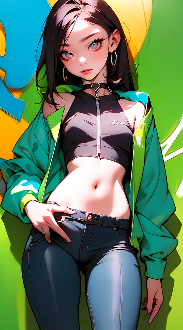 (masterpiece, best quality:1.4), official art, absurdres, vivid colors, contrast, girl, teen, beautiful eyes, tight crop top, ti...