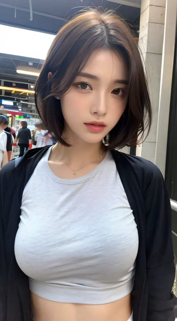 ((Best Quality, 8k, Masterpiece: 1.3)), Focus: 1.2, Perfect Body Beauty: 1.4, Slim Abs: 1.2, ((Layered Haircut, Big Breasts: 1.2)), (Wet Clothes: 1.1) , (Rain, Street:1.3), Wet Body: 1.1, Highly detailed face and skin texture, Detailed eyes, Double eyelids...