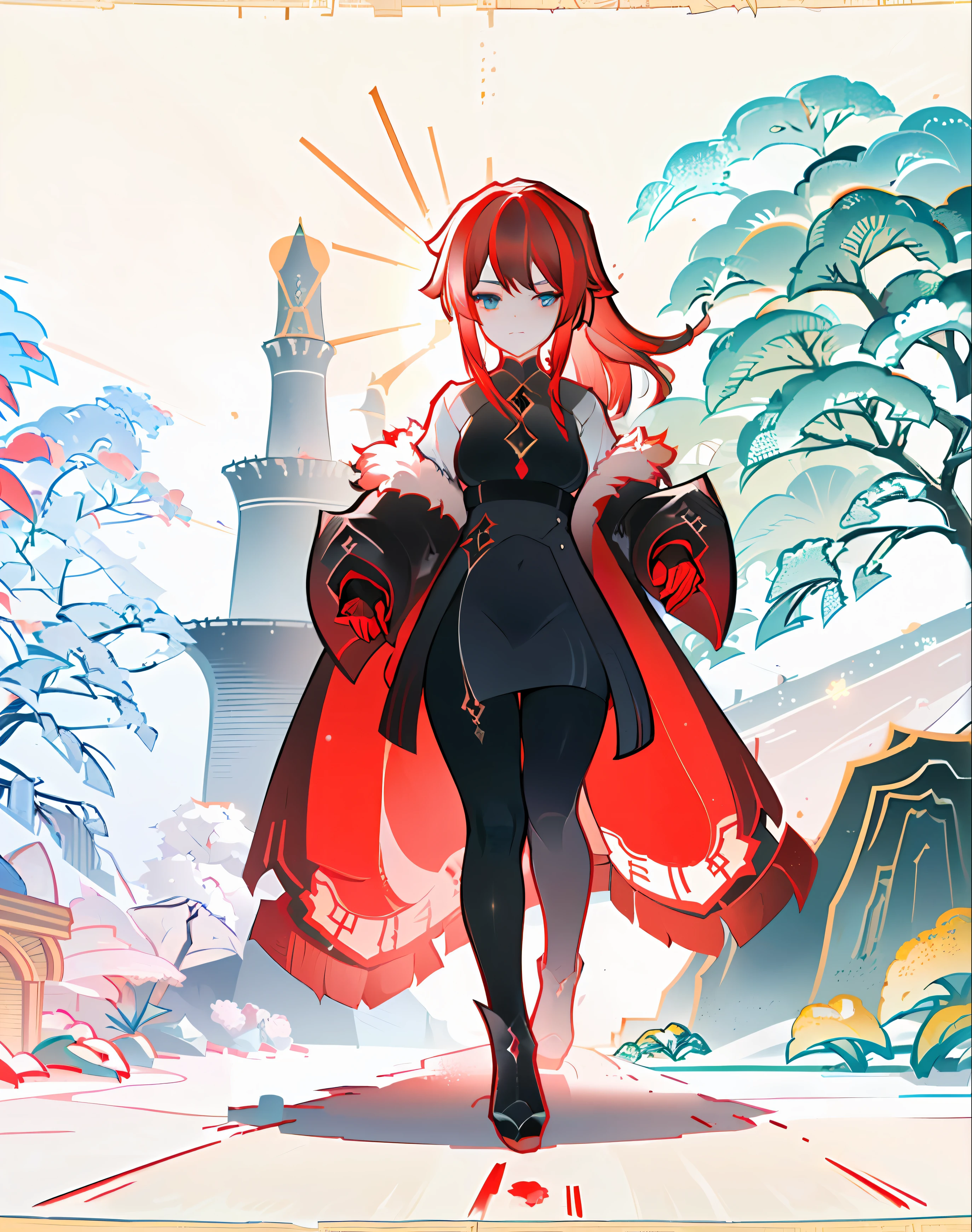 ((((Red hair))), ((stands)), ((evil smile)), ((dynamic pose)), ((magician)), (evil), ((chains)), ((fur skirt)), ((White shirt)), ((black vest)), ((full-length)), ((1 girl)), ((thick latex leggings)), ((not sexualized)), masterpiece, best quality, ((genshin impact style)), ((girl)), (long red hair), (((shaved temples)), ((cold red shade of hair)), (fur on clothes)), ((latex)), ((dark clothes)), ((red in clothes)), ((roses)), ((pyro of god's eyes)), (fatui)), ((catalist)), ((girl) ((blue cold eyes)), (hairstyle ponytail), ((dynamics)), ((fiery skull on the background)), ((black in clothes)), ((boots)), ((heel)), (small breasts), ((closed clothes)), ((, ((black in clothes)), ((boots)), ((heel)), (small breasts), ((closed clothes)), ((Slingshot)), (one person in the background), (art), ((red lighting)), ((winter Russia in the background))