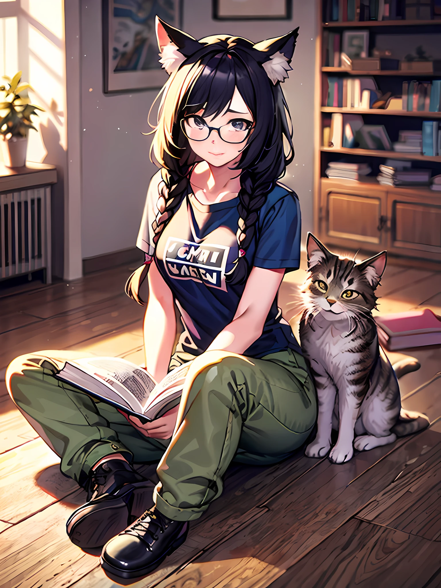 Anime-Mädchen sitzt auf dem Boden mit einer Katze und einem Buch, makoto shinkai and artgerm, range murata and artgerm, artgerm and atey ghailan, mit Brille, Anime-Katze, beautiful Anime-Katzegirl, Anime-Mädchen mit Katzenohren, Attraktives Katzenmädchen, artwork in the style of guweiz, sehr schönes süßes Katzenmädchen