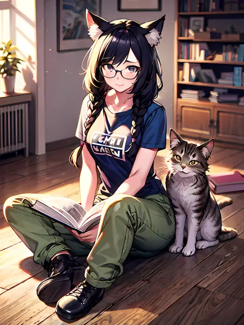 anime girl sitting on the floor with a cat and a book, makoto shinkai and artgerm, range murata and artgerm, artgerm and atey gh...