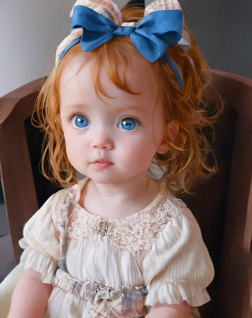 there is a baby sitting on a chair with a bow on her head, beautiful huge eyes, beautiful cute, huge adorable eyes, with cute do...