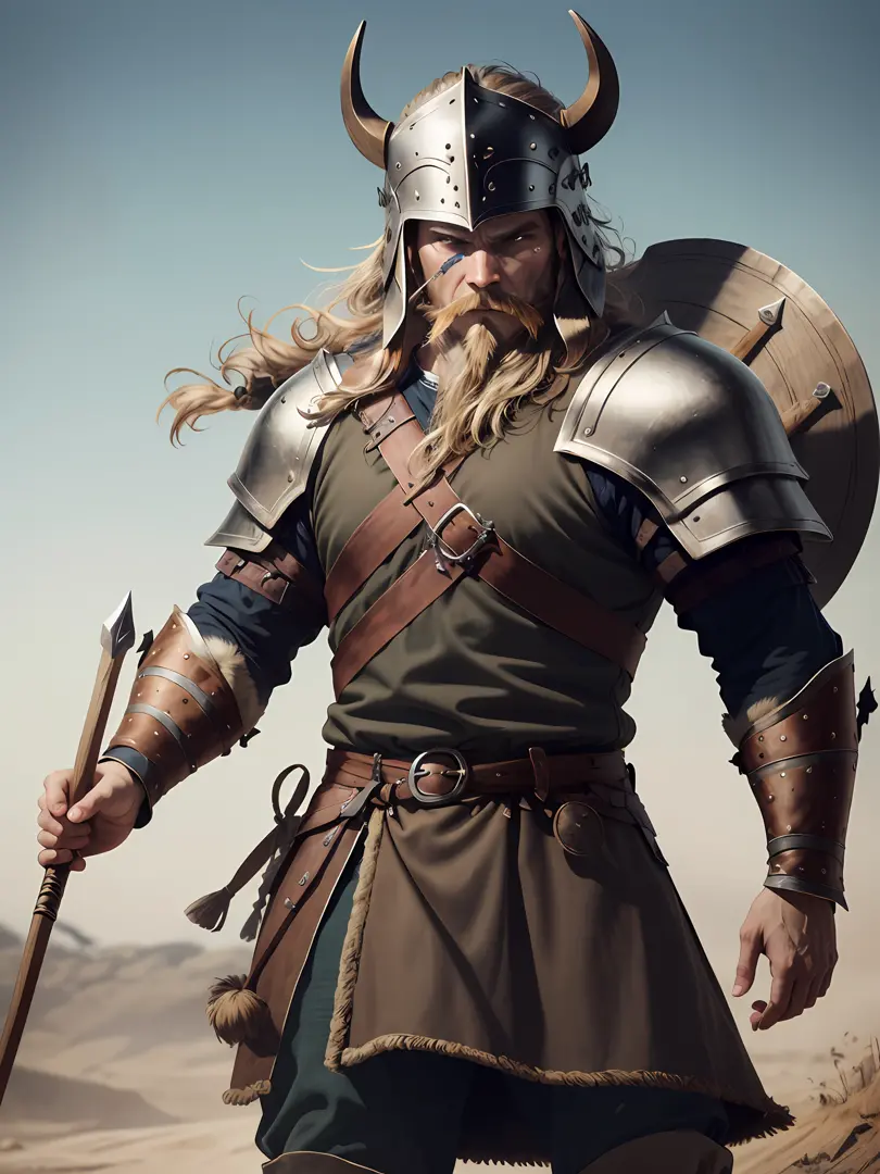 1 Warrior man ((medieval)) ((Viking))on the battlefield, wearing Viking armor, (( Detailed helmet)))the detailed face,(one spear...