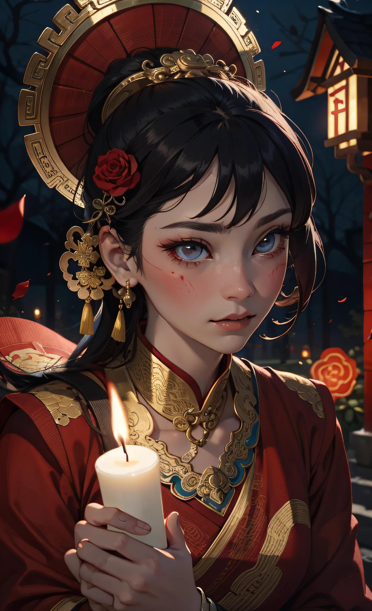 Best Quality, Masterpiece, Ultra Detail, Extreme Detail, 8k Wallpaper, Realistic Details, Movie Lighting, Dynamic Angle, World Mastery Theater, Best Quality, Extremely Delicate Beautiful Girl, Perfect Face, Delicate Facial Features, Perfect Hands, Delicate Eyelashes, Delicate Eyes, Ancient Chinese Hairstyle, Peking Opera, Horror, Spooky Atmosphere, Darkness, Red Lantern, Spirit Rune, Golden Ratio, Messy, Bust, Melancholy Expression, Small Laugh, Red Tears, Rose Petals, Red Candles, Side Look