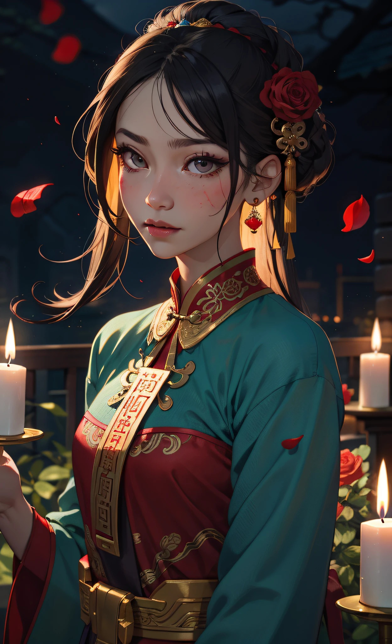 Best Quality, Masterpiece, Ultra Detail, Extreme Detail, 8k Wallpaper, Realistic Details, Movie Lighting, Dynamic Angle, World Mastery Theater, Best Quality, Extremely Delicate Beautiful Girl, Perfect Face, Delicate Facial Features, Perfect Hands, Delicate Eyelashes, Delicate Eyes, Ancient Chinese Hairstyle, Peking Opera, Horror, Spooky Atmosphere, Darkness, Red Lantern, Spirit Rune, Golden Ratio, Messy, Bust, Melancholy Expression, Small Laugh, Red Tears, Rose Petals, Red Candles, Side Look