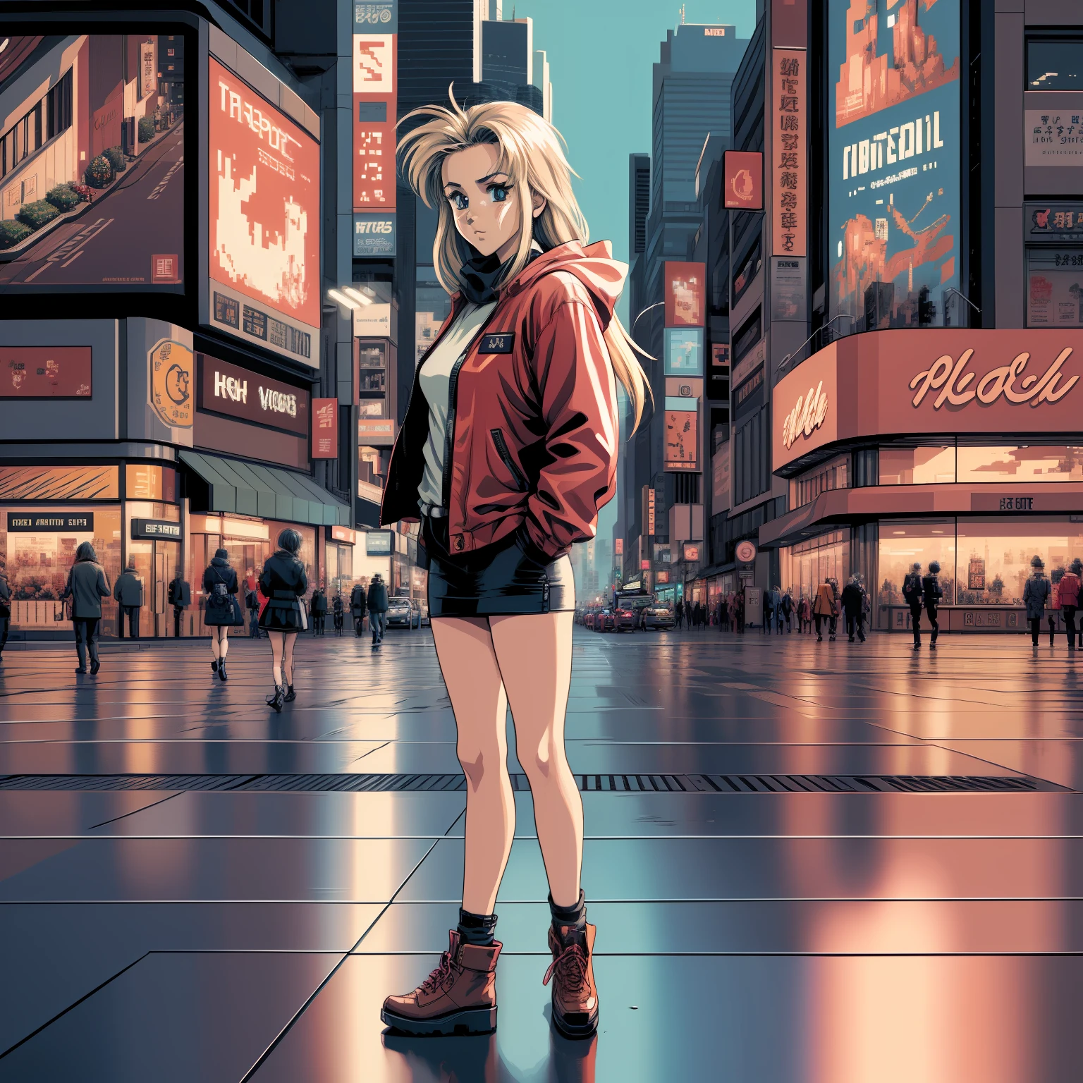 Une femme animée d&#39;apparence mature vêtue d&#39;une veste rouge regardant le clair de lune se refléter sur le béton près du passage pour piétons à l&#39;intersection de Shibuya, 3 0 4 0 x 1 4 4 0 pixel art, 3 0 4 0 x 1 4 4 0, Pixel art 32 bits, art pixelisé, pixel art détaillé et coloré,  pixel art animé soigneusement détaillé, pixel art anime détaillé à l&#39;origine, Pixel art néon détaillé, PC-98 pixel art, cyberpunk néon style anime pixel art, 1 couleurs 6 bits